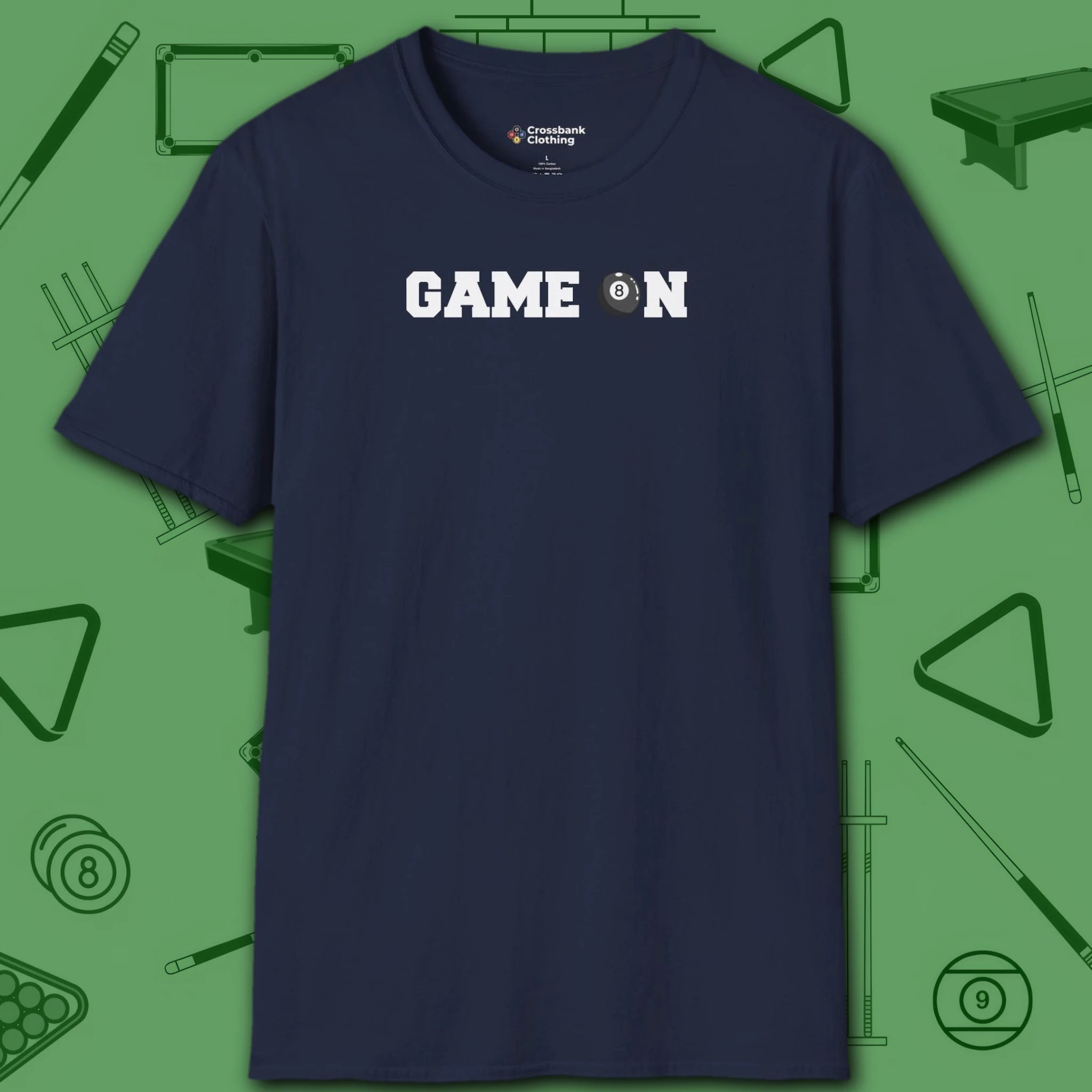 Game On T-Shirt, in Navy color, billiards shirt, front view