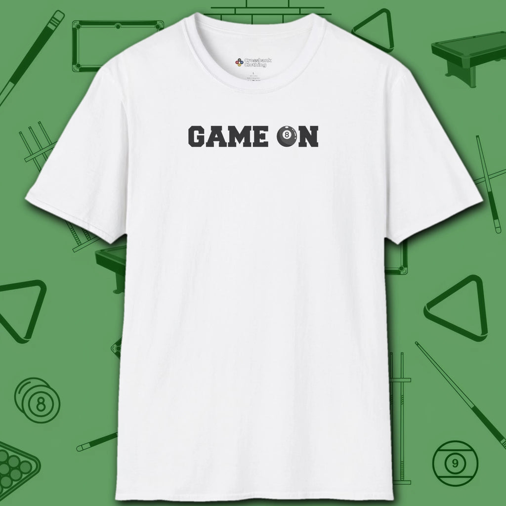 Game On T-Shirt, in White color, billiards shirt, front view