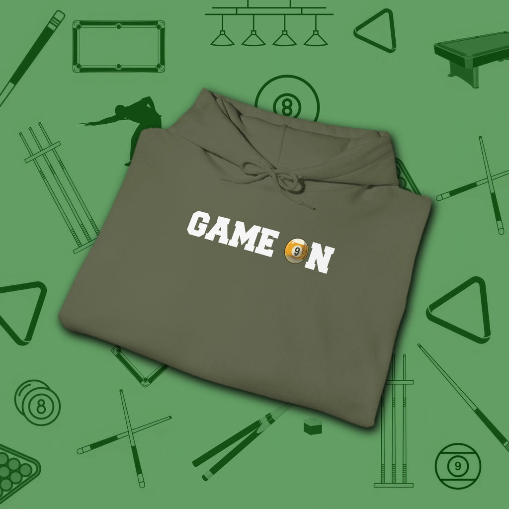 Game On Hoodie, in Military Green color, billiards shirt, folded view