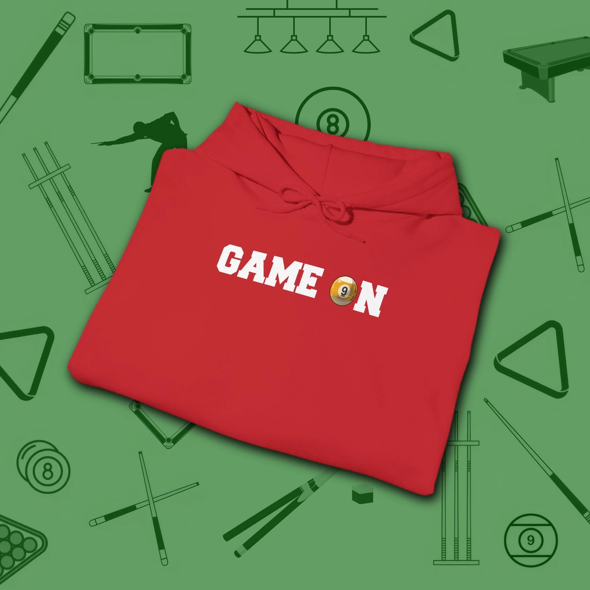 Game On Hoodie, in Red color, billiards shirt, folded view