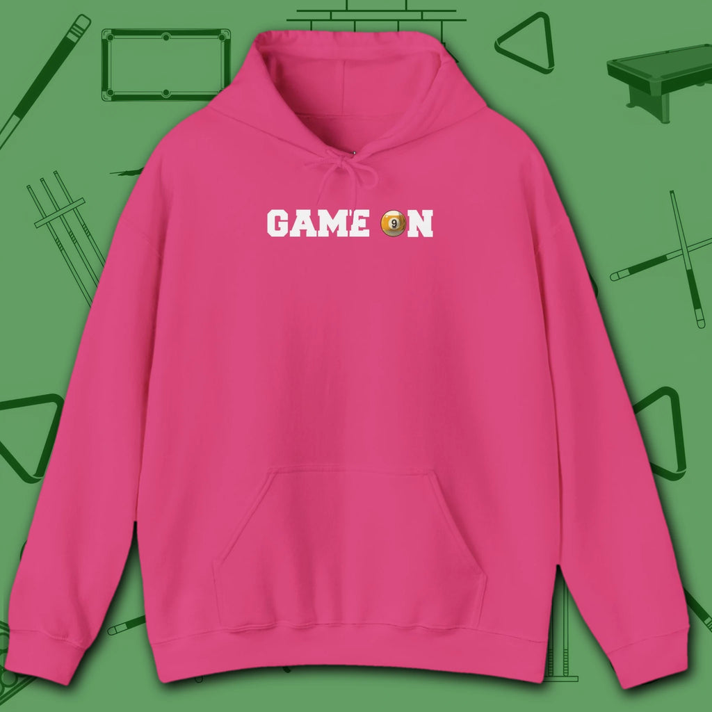Game On Hoodie, in Heliconia color, billiards shirt, front view