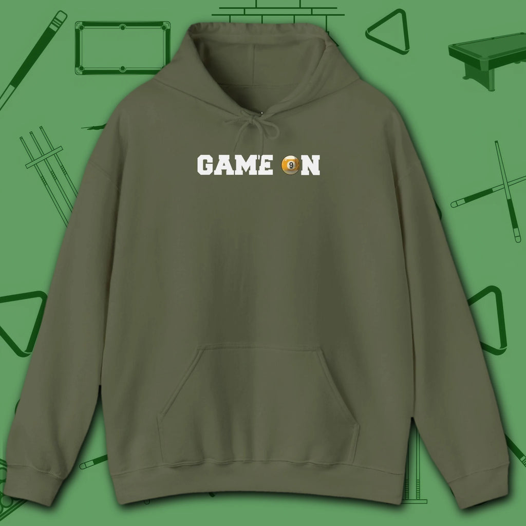 Game On Hoodie, in Military Green color, billiards shirt, front view