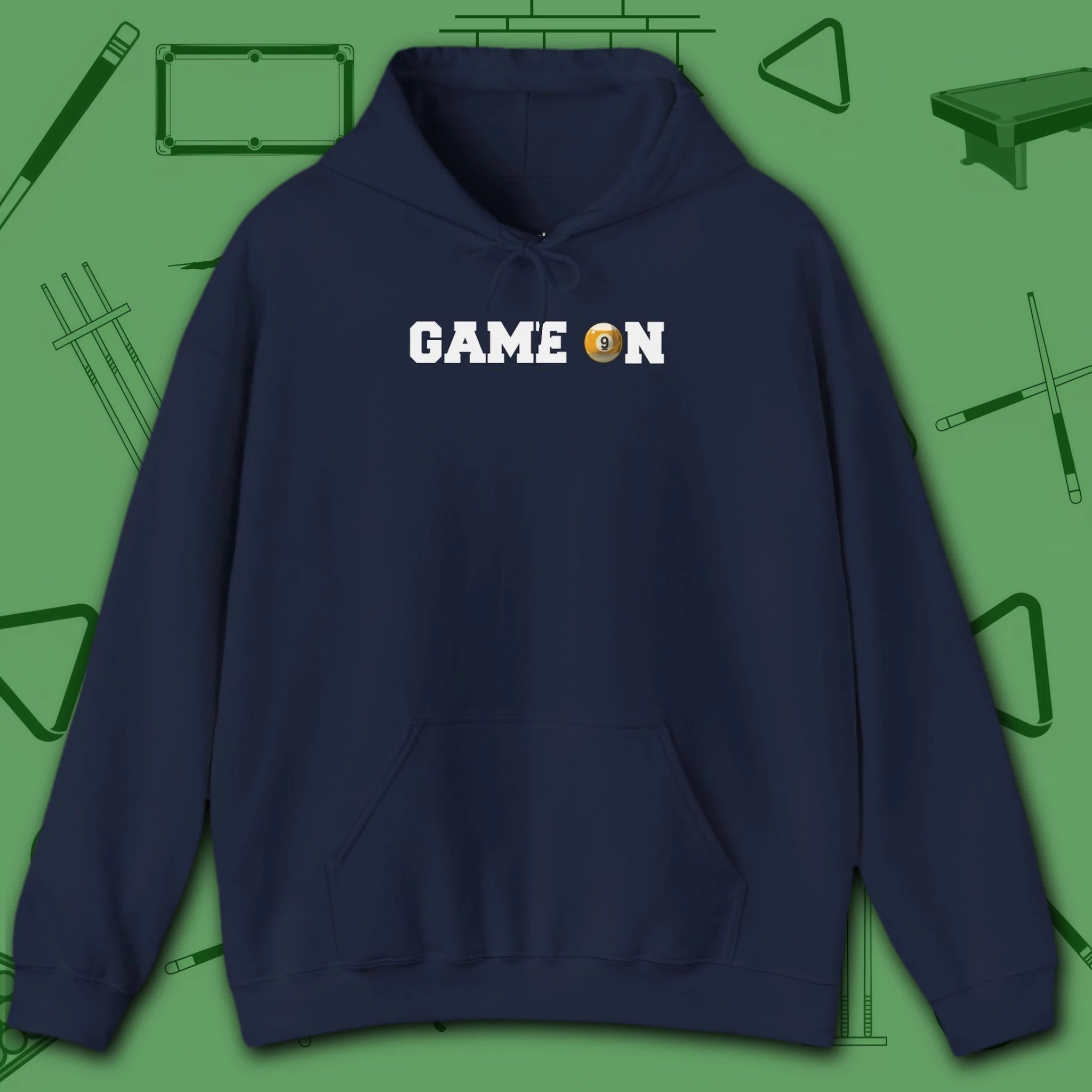 Game On Hoodie, in Navy color, billiards shirt, front view