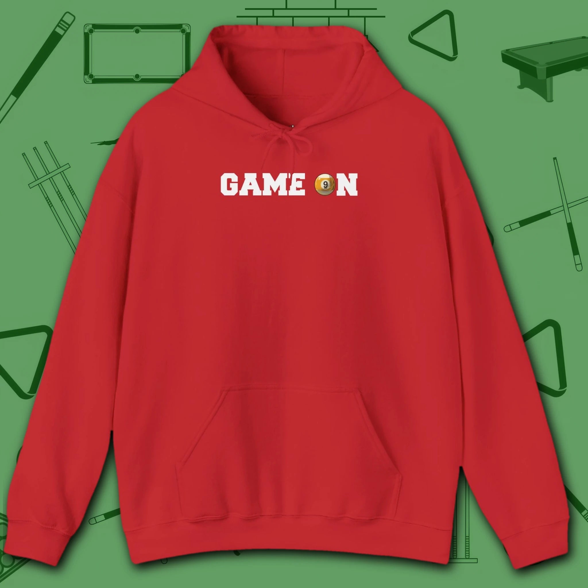 Game On Hoodie, in Red color, billiards shirt, front view