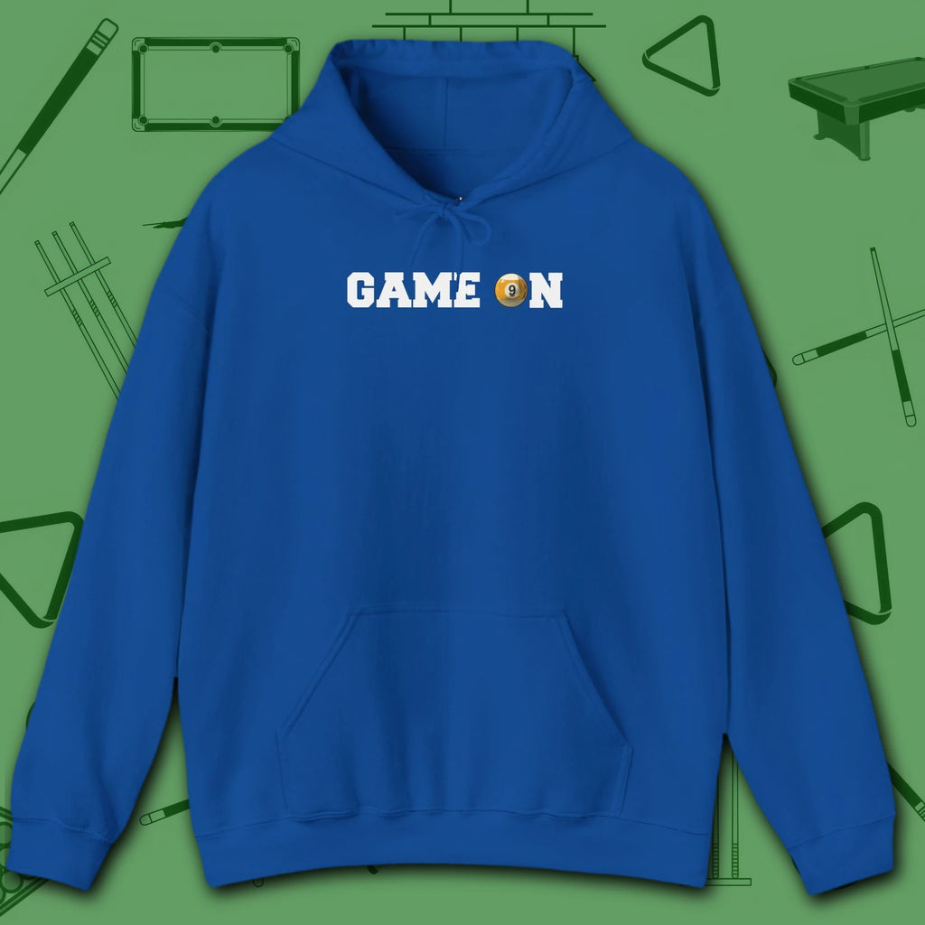 Game On Hoodie, in Royal color, billiards shirt, front view