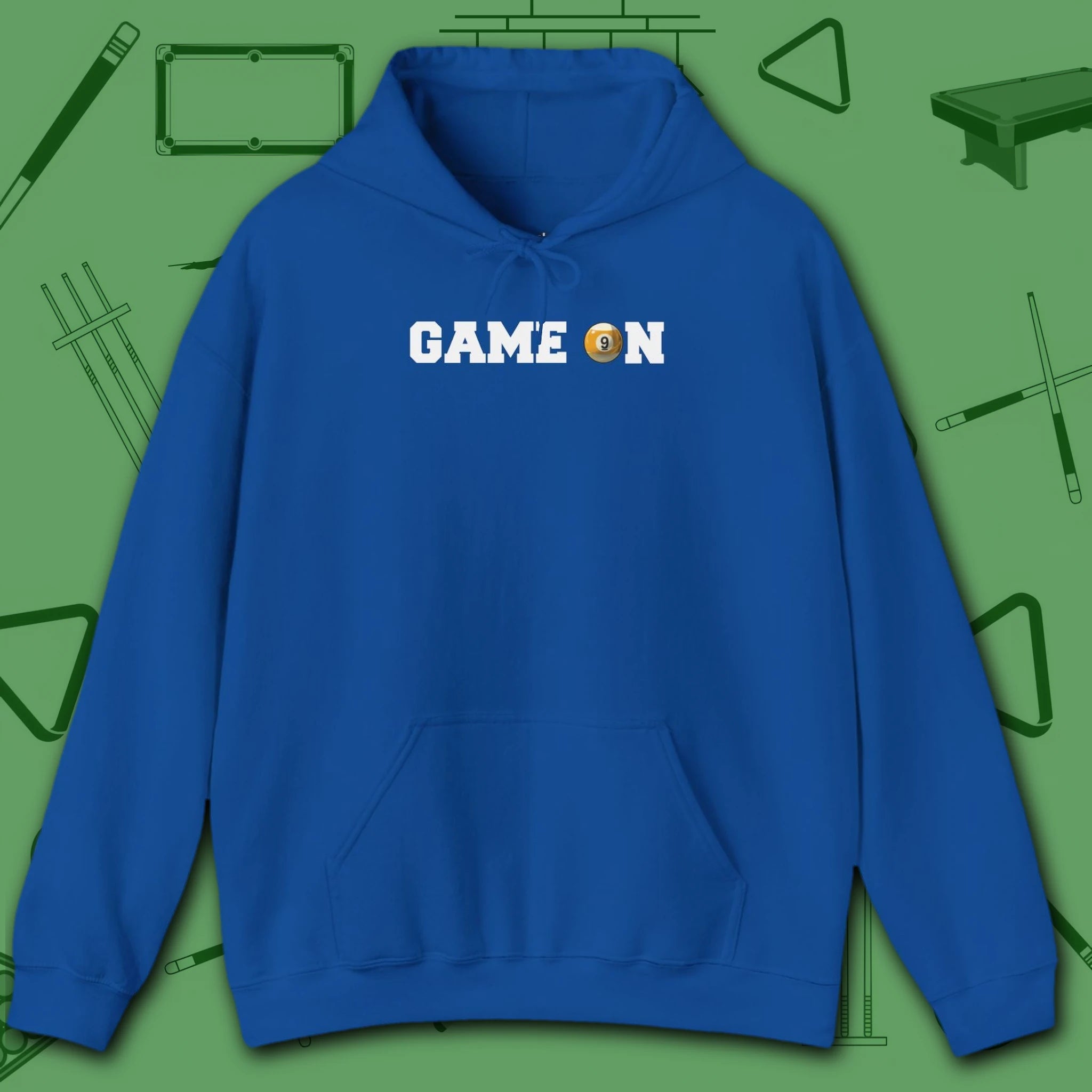 Game On Hoodie, in Royal color, billiards shirt, front view