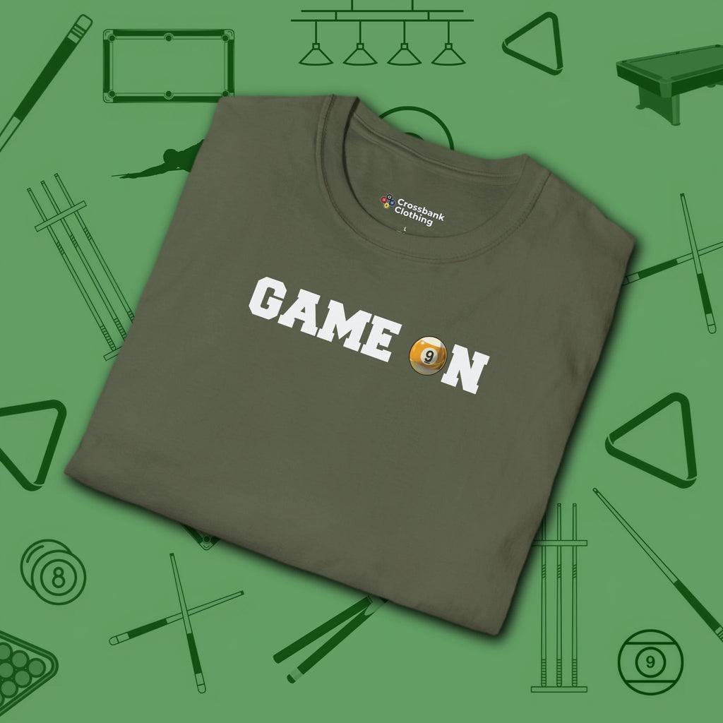 Game On T-Shirt, in Military Green color, billiards shirt, folded view
