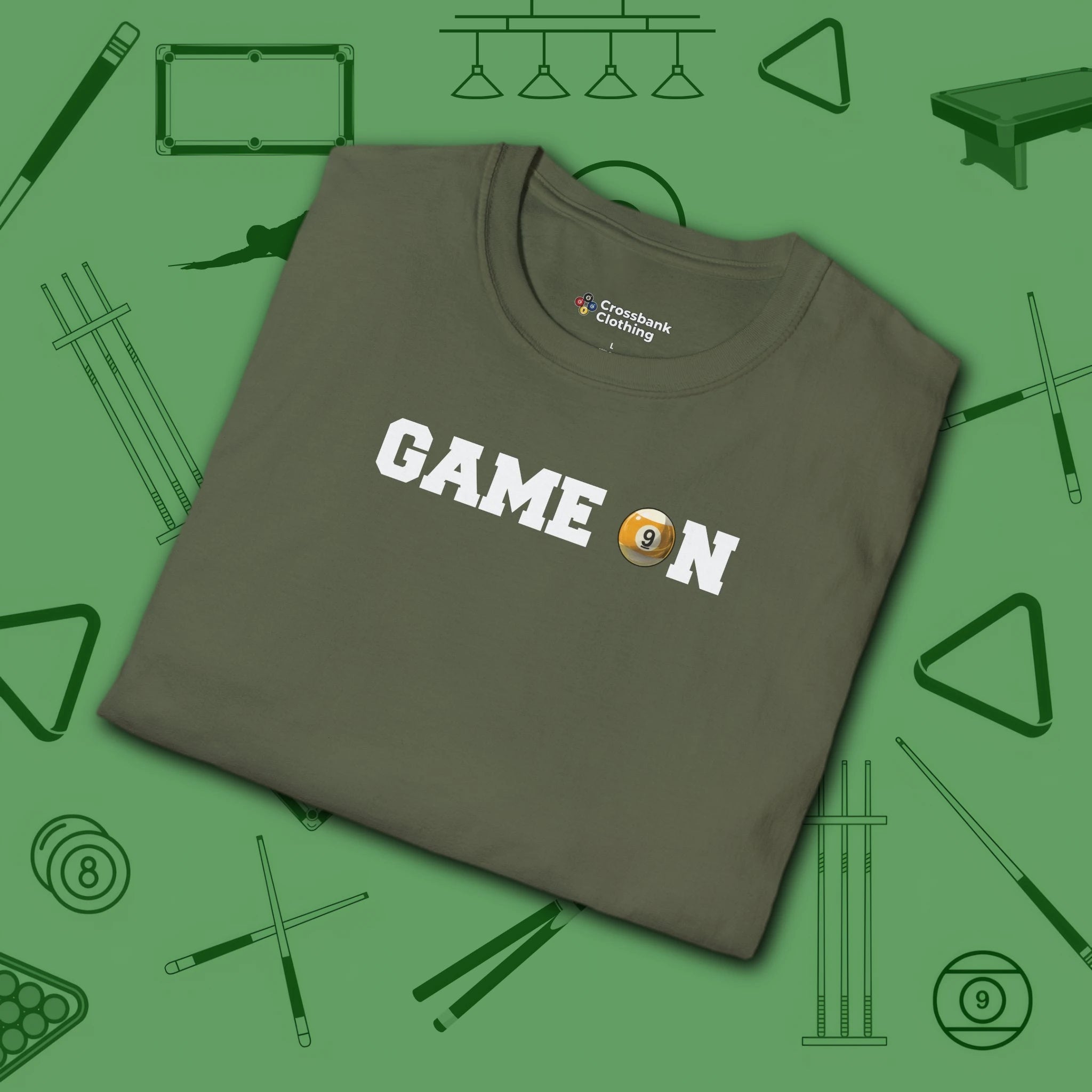 Game On T-Shirt, in Military Green color, billiards shirt, folded view