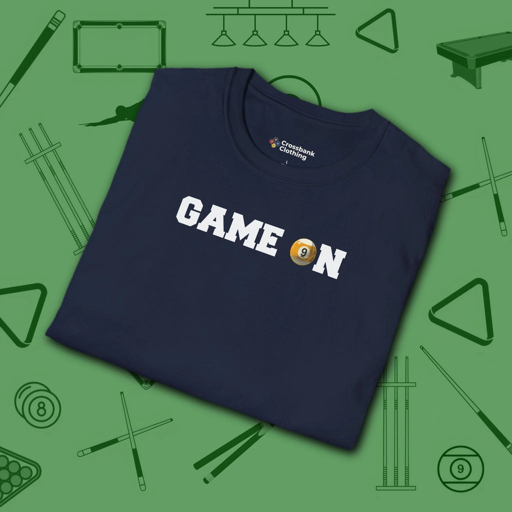 Game On T-Shirt, in Navy color, billiards shirt, folded view