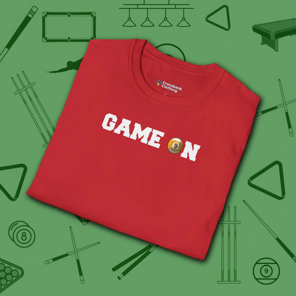 Game On T-Shirt, in Red color, billiards shirt, folded view