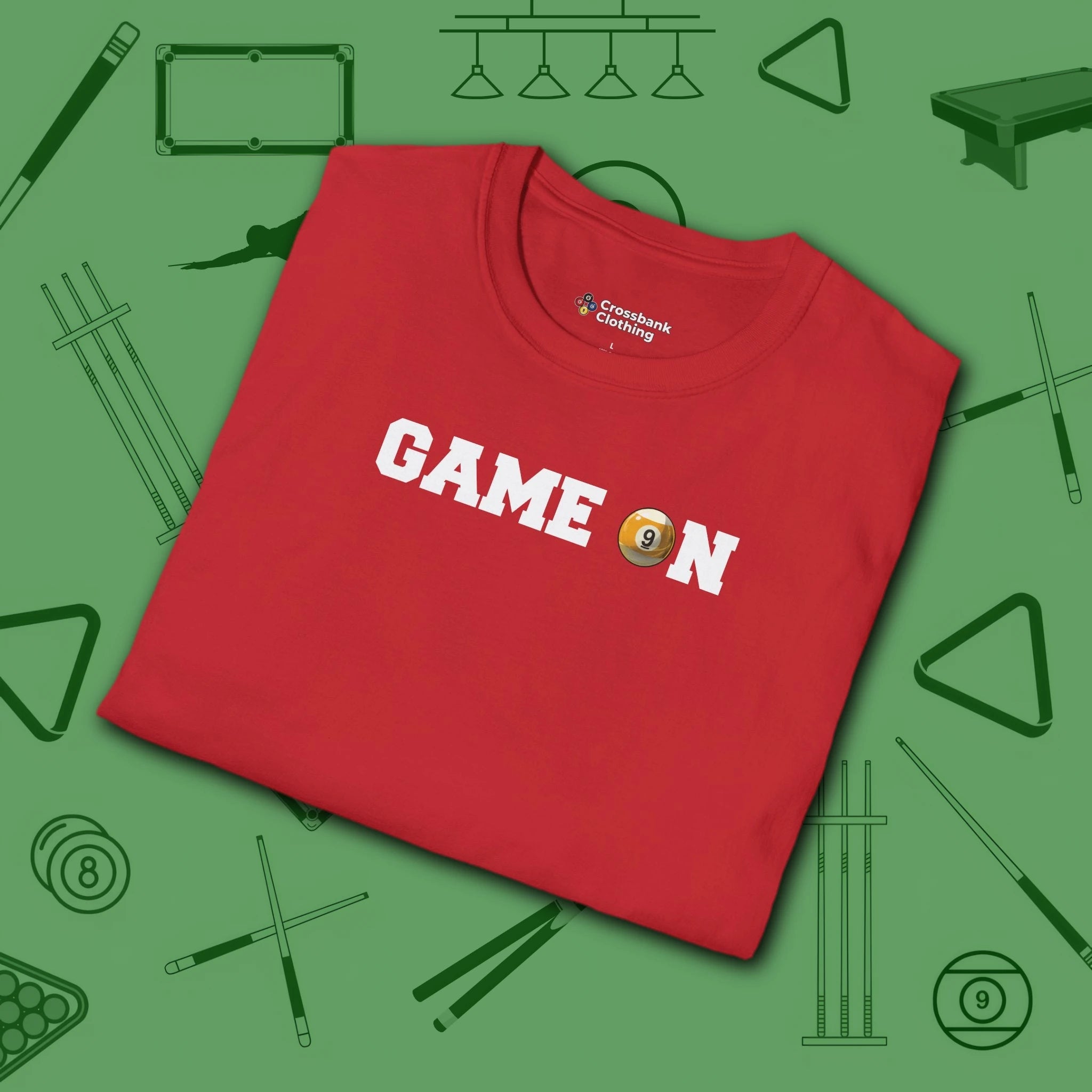 Game On T-Shirt, in Red color, billiards shirt, folded view