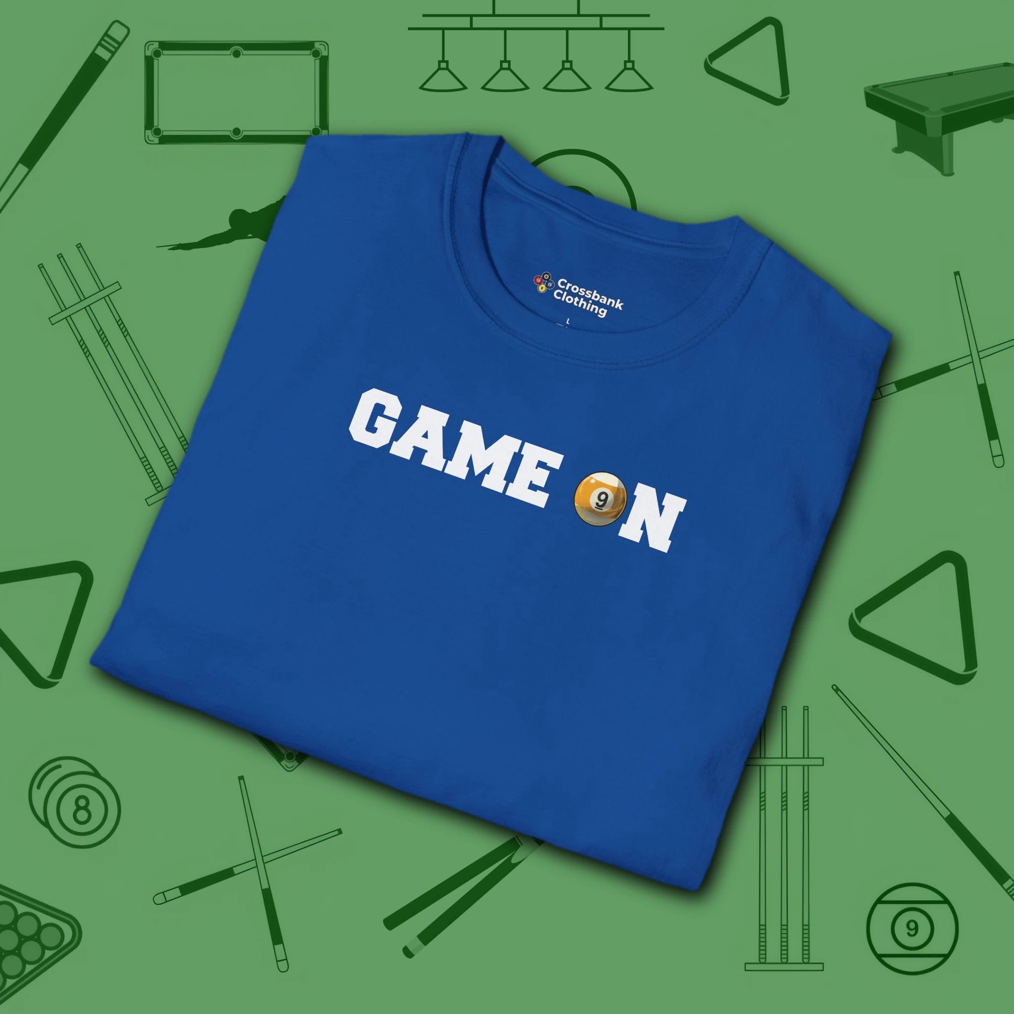 Game On T-Shirt, in Royal color, billiards shirt, folded view
