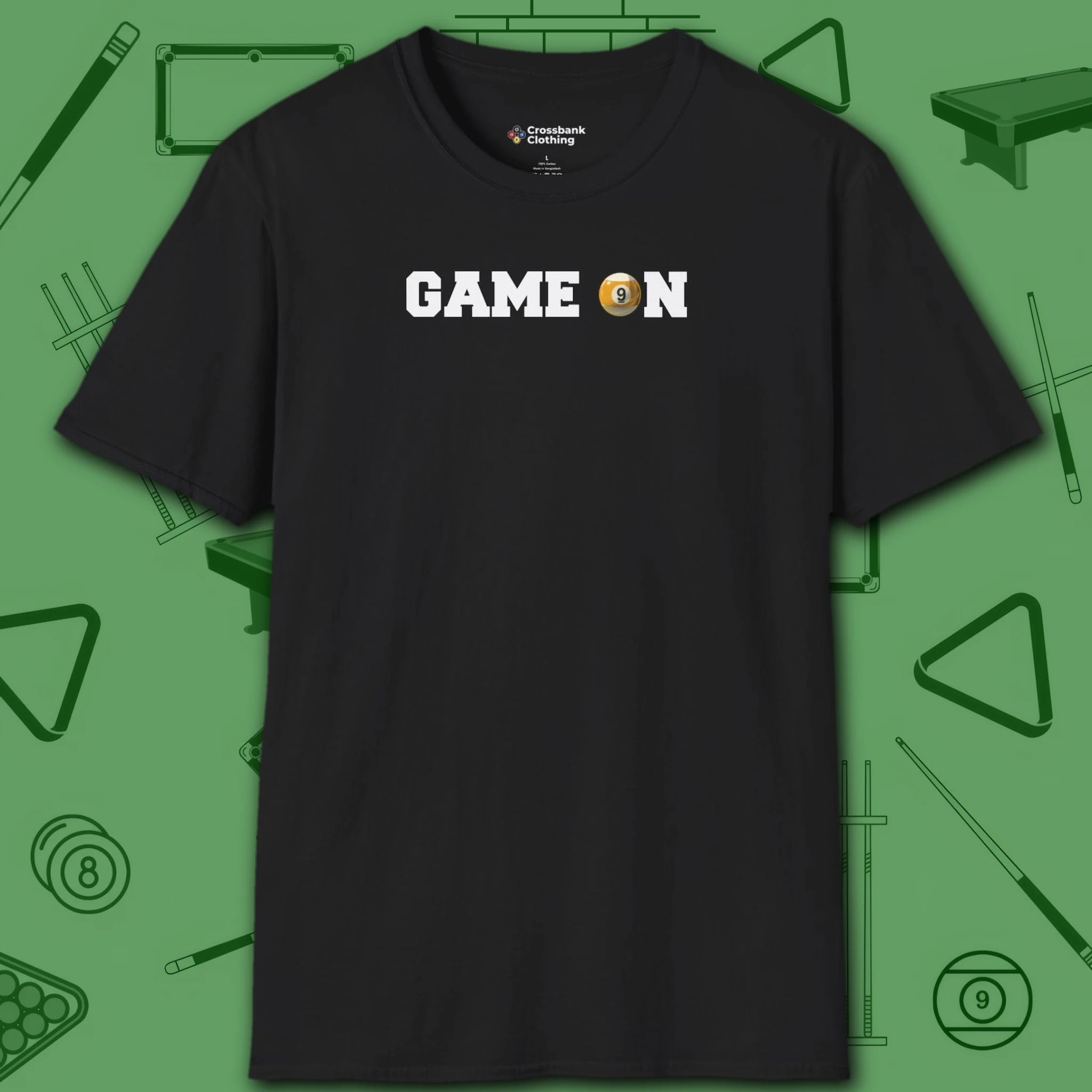 Game On T-Shirt, in Black color, billiards shirt, front view