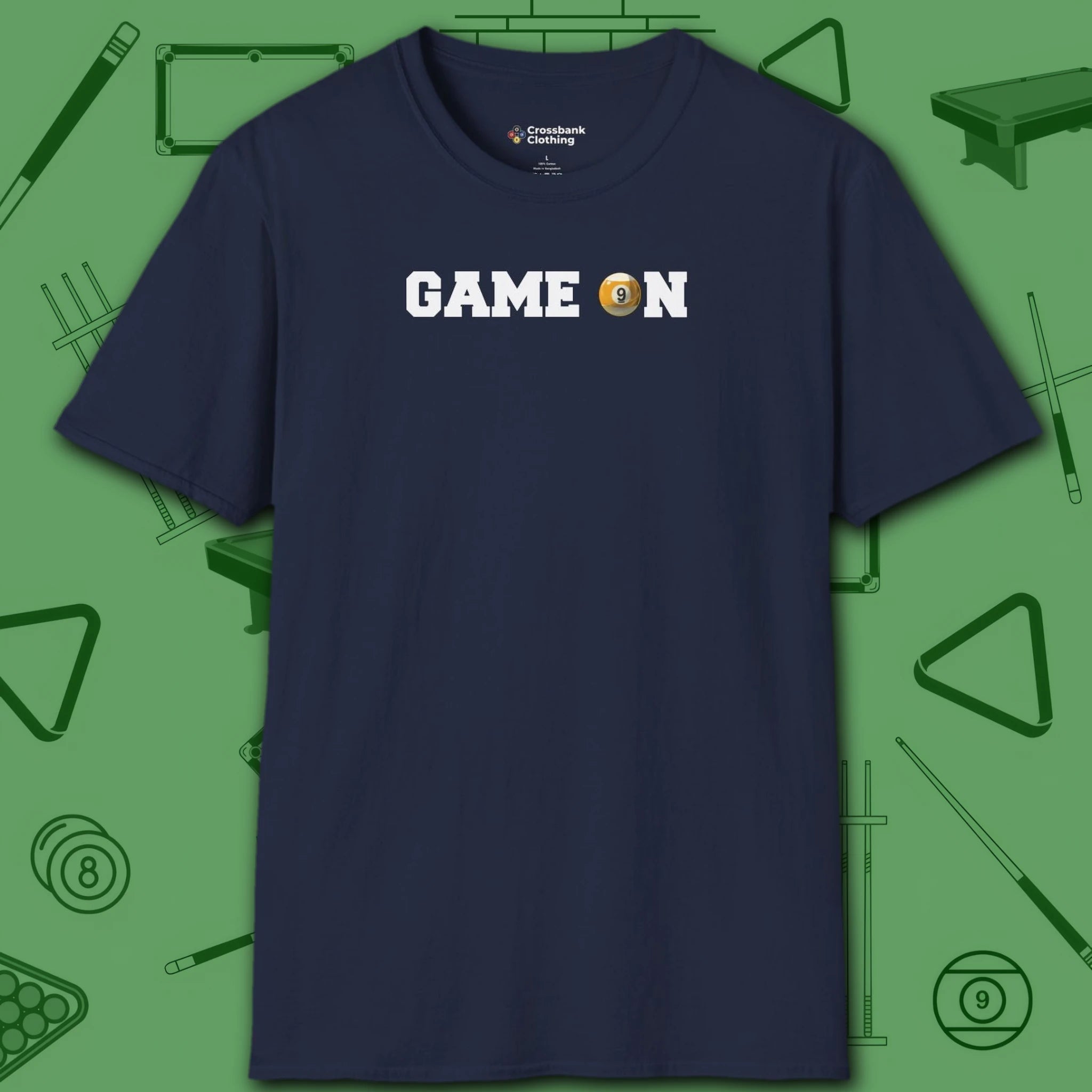 Game On T-Shirt, in Navy color, billiards shirt, front view