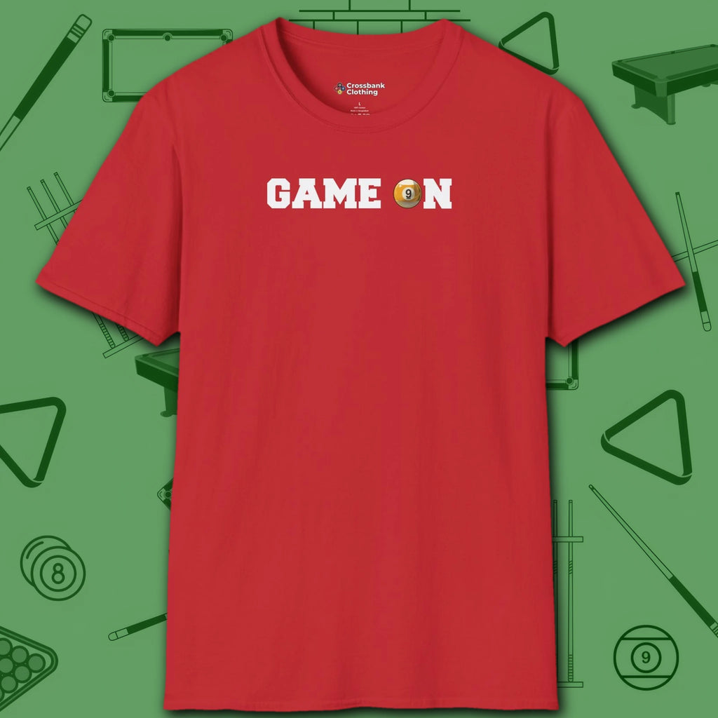 Game On T-Shirt, in Red color, billiards shirt, front view
