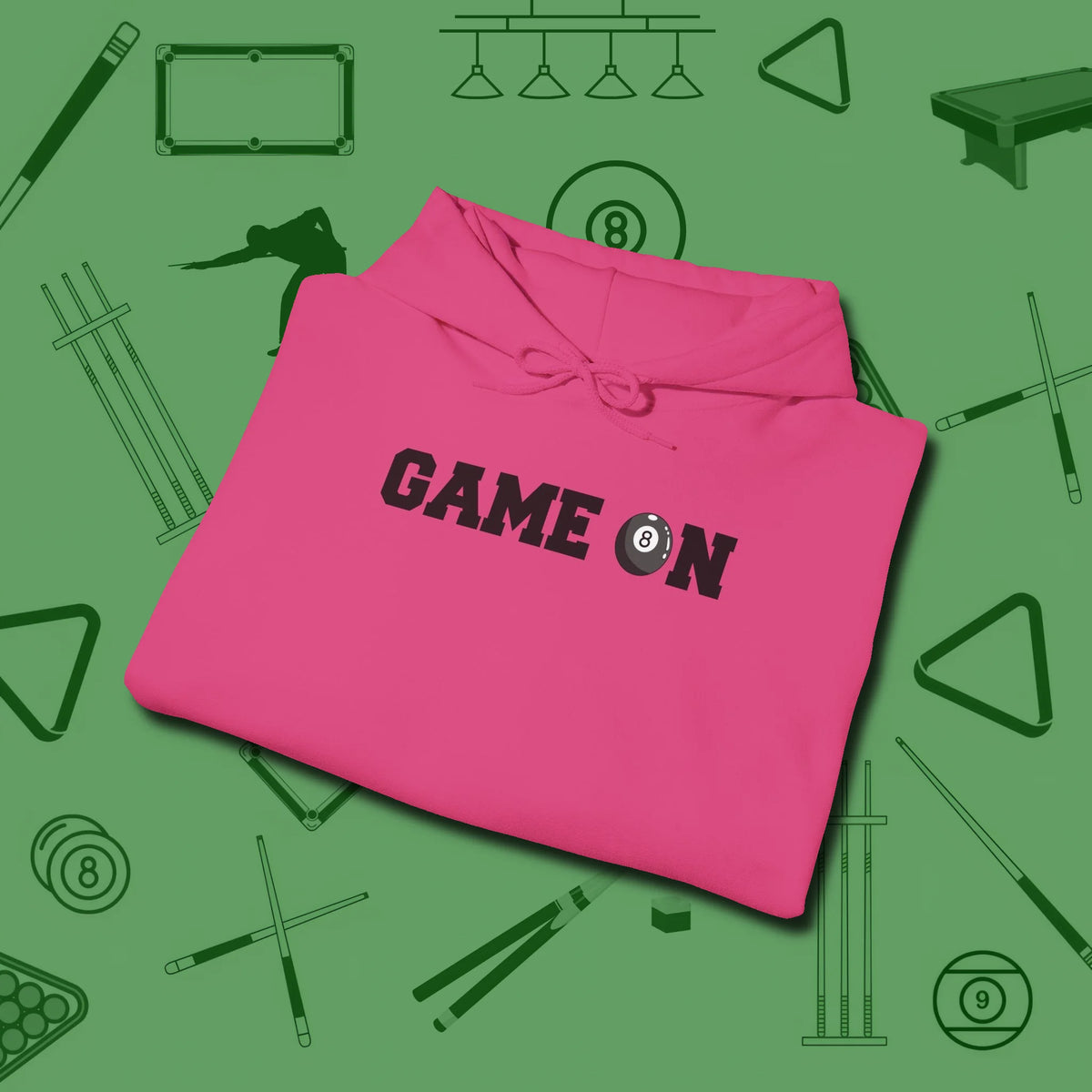Game On Eight Ball Hoodie, folded view, in Heliconia cue up respect every time you wear it
