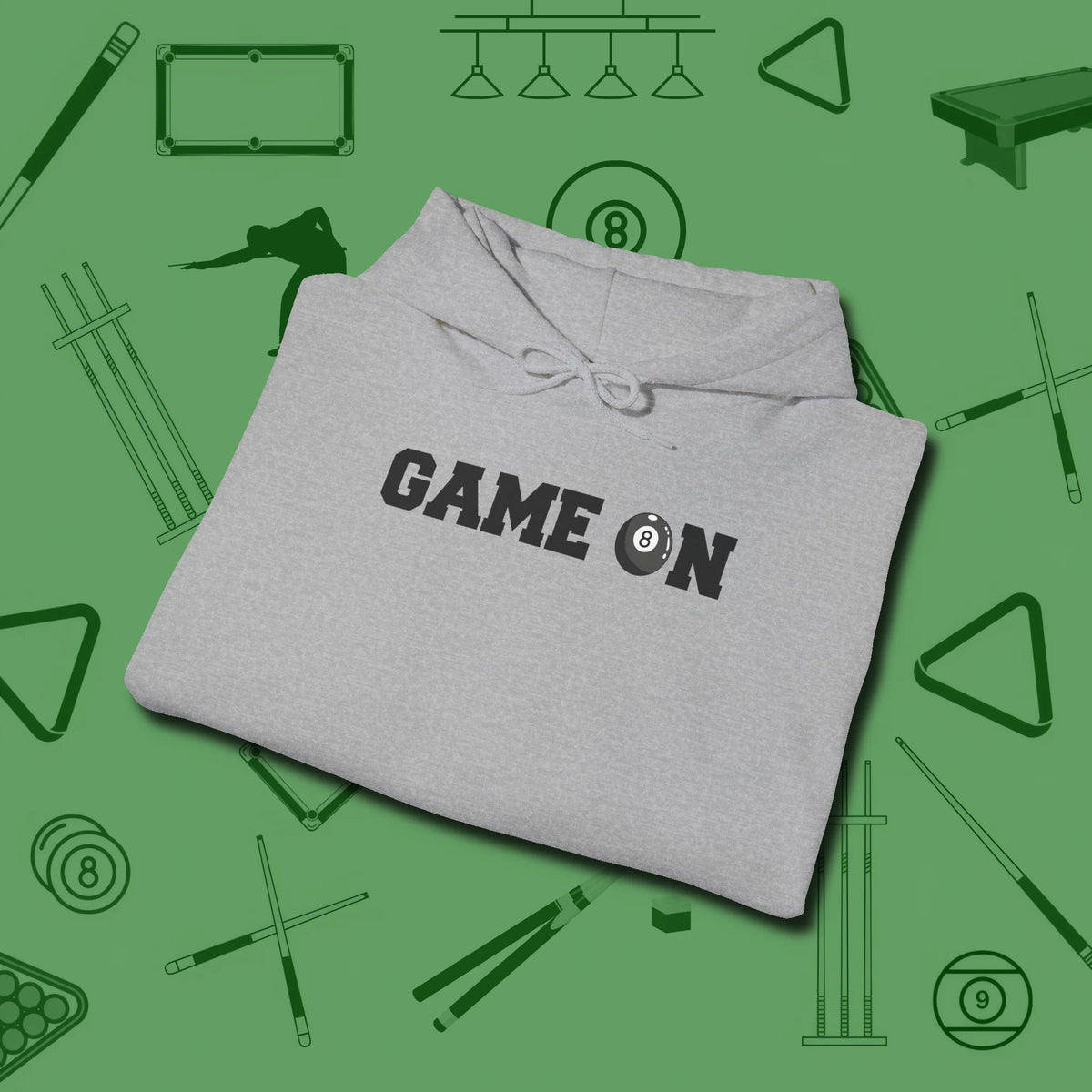 Game On Eight Ball Hoodie, folded view, in Sport Grey cue sports swagger done right
