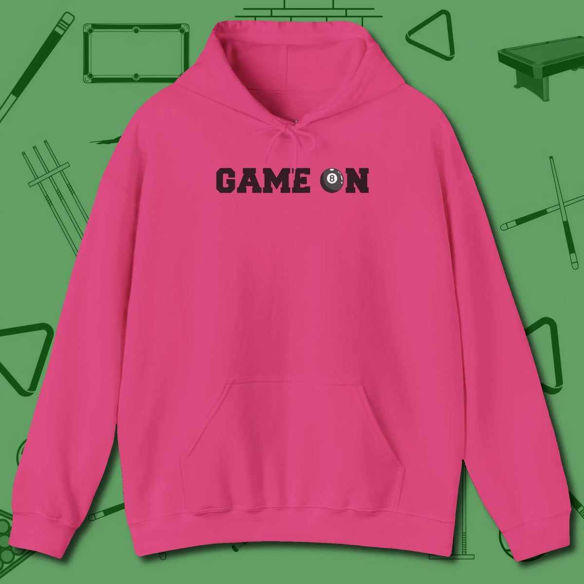Game On Eight Ball Hoodie, front view, in Heliconia for players who live the game