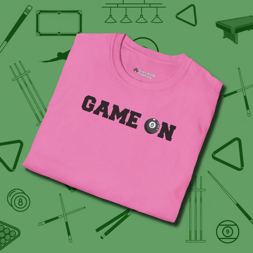 Game On Eight Ball T-Shirt, folded view, in Azalea cool enough for a corner pocket finish