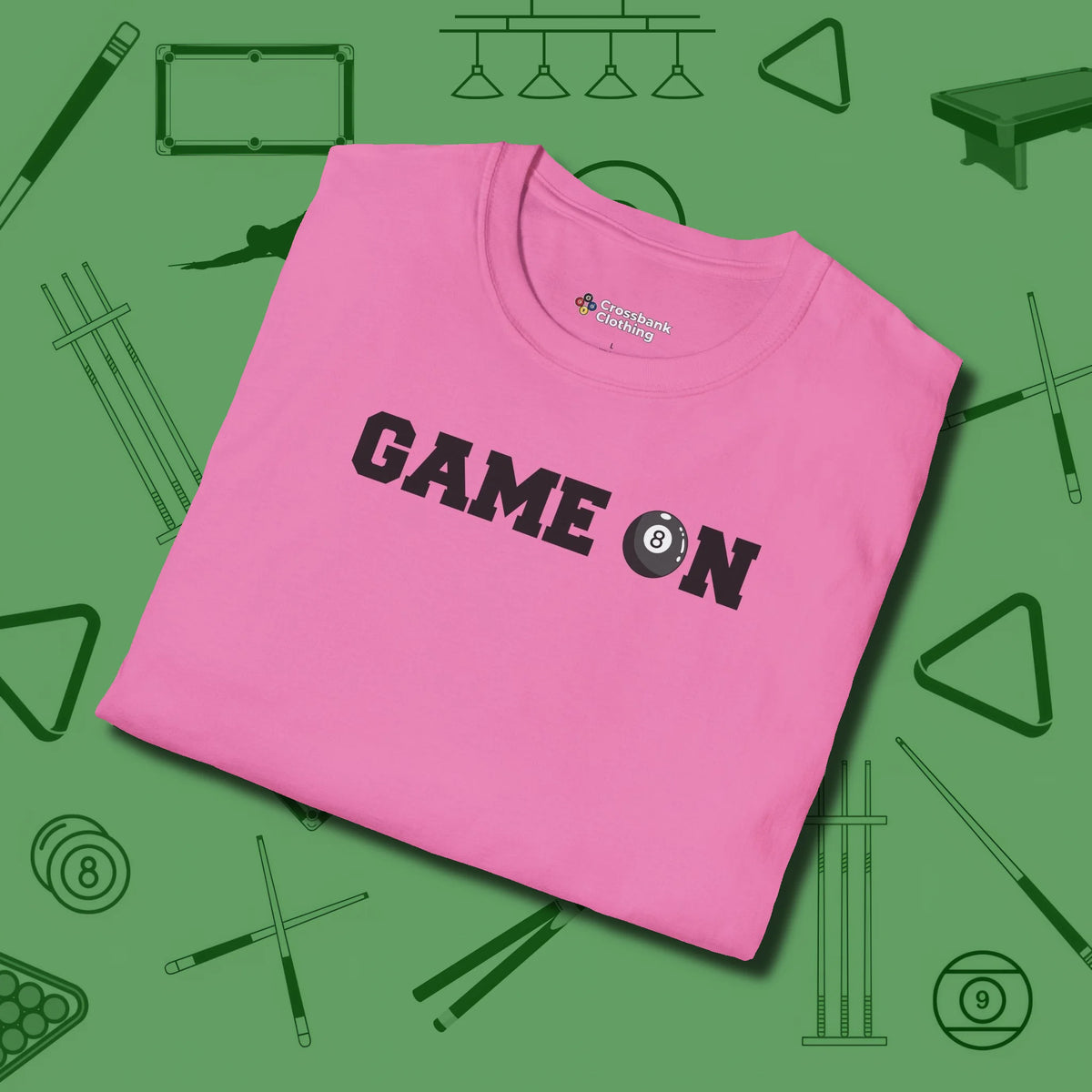 Game On Eight Ball T-Shirt, folded view, in Azalea cool enough for a corner pocket finish