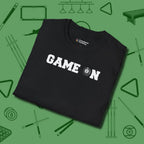 Game On Eight Ball T-Shirt, folded view, in Black subtle drip for serious shooters