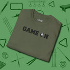 Game On Eight Ball T-Shirt, folded view, in Military Green style that banks as hard as you do