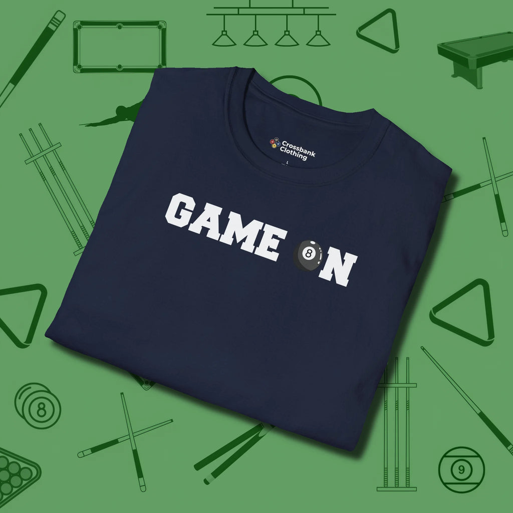 Game On Eight Ball T-Shirt, folded view, in Navy confidence stitched in every seam