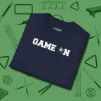 Game On Eight Ball T-Shirt, folded view, in Navy confidence stitched in every seam