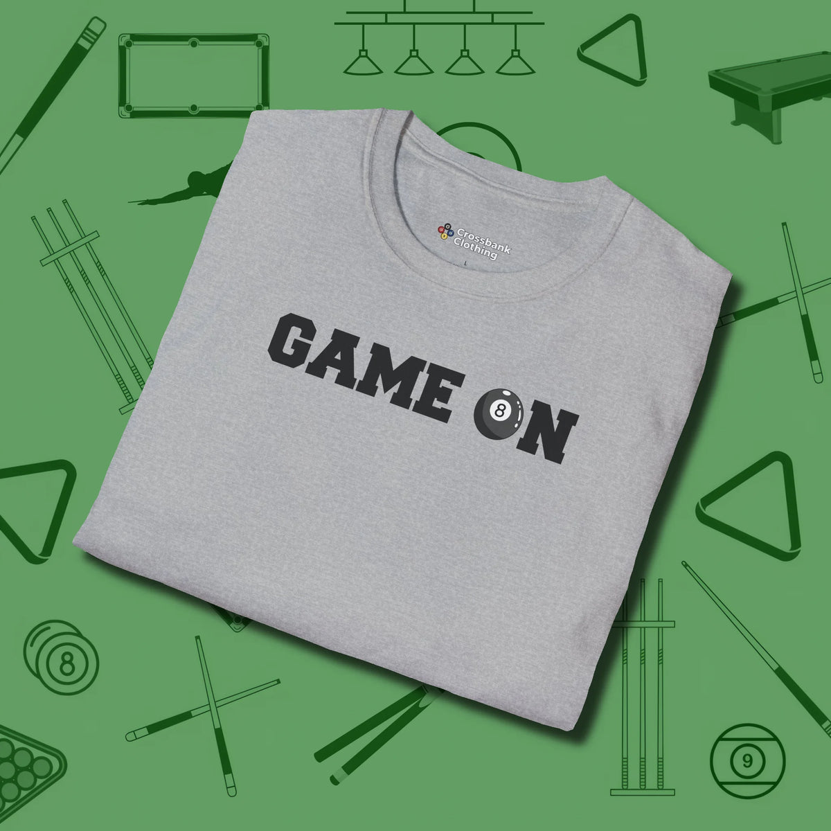 Game On Eight Ball T-Shirt, folded view, in Sport Grey stitched for cue discipline and cool confidence