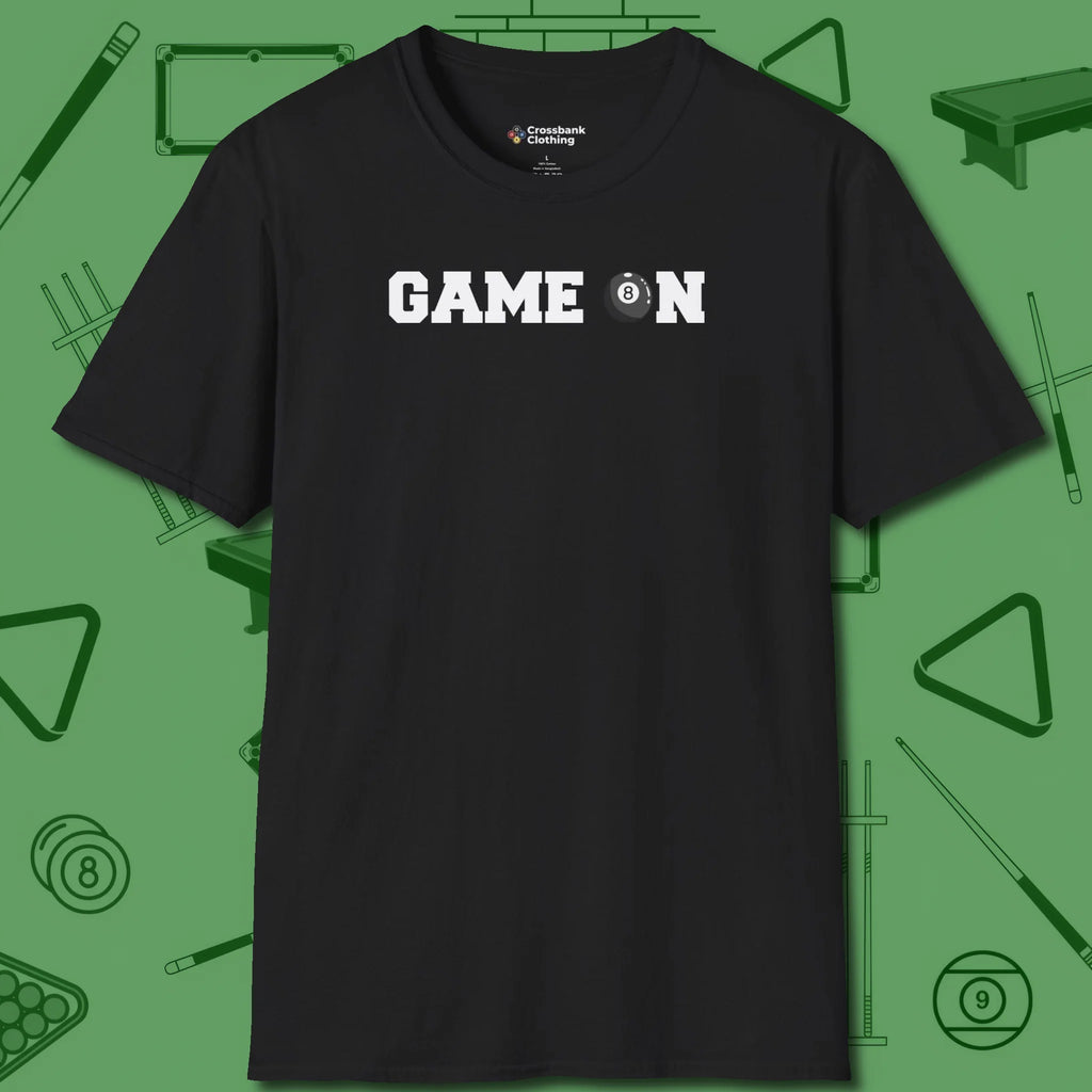 Game On Eight Ball T-Shirt, front view, in Black subtle drip for serious shooters
