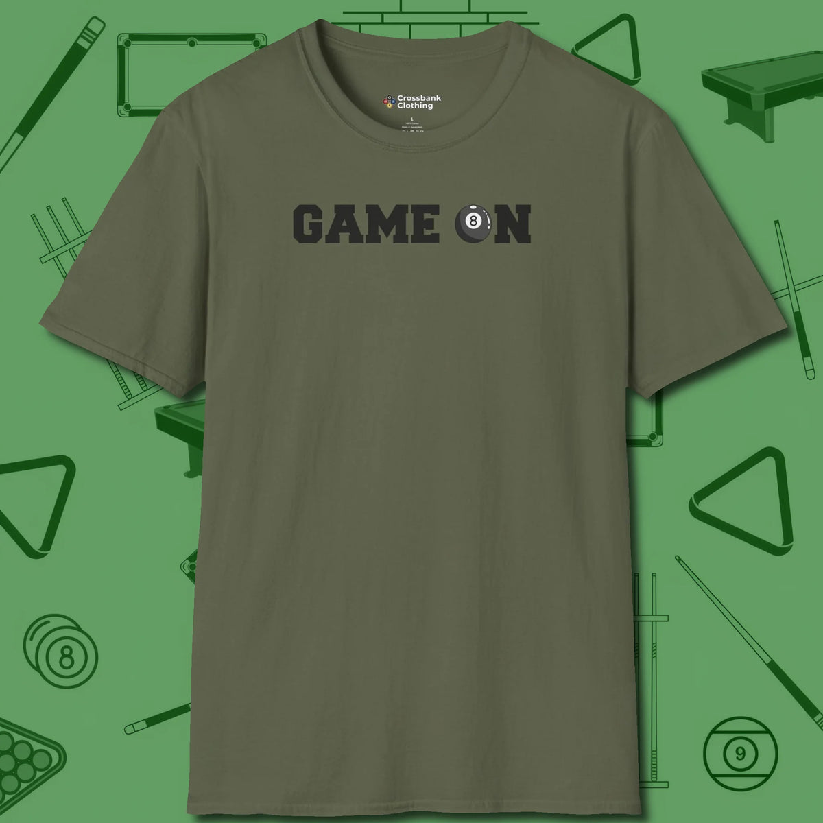 Game On Eight Ball T-Shirt, front view, in Military Green fashion with break-and-run energy