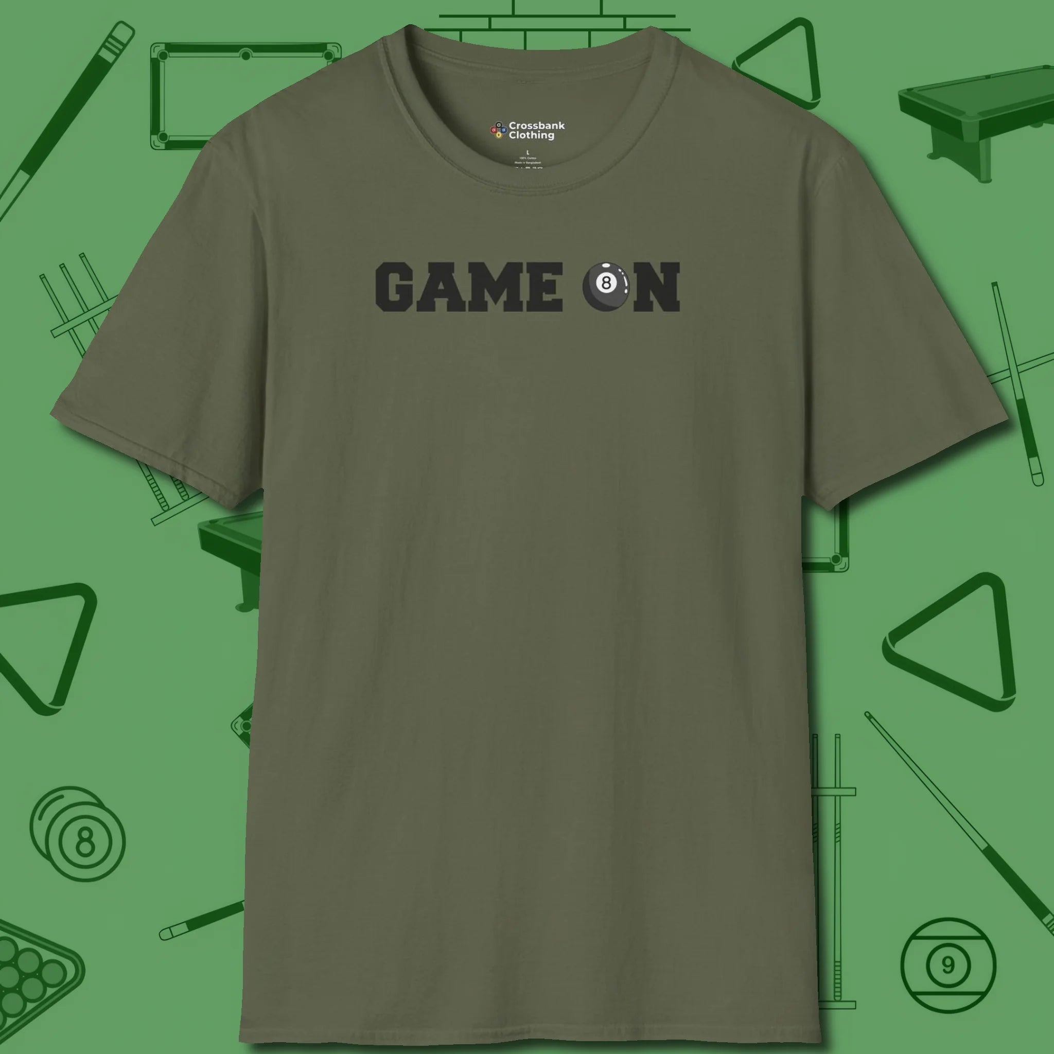 Game On Eight Ball T-Shirt, front view, in Military Green fashion with break-and-run energy