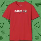 Game On Eight Ball T-Shirt, front view, in Red style that banks as hard as you do