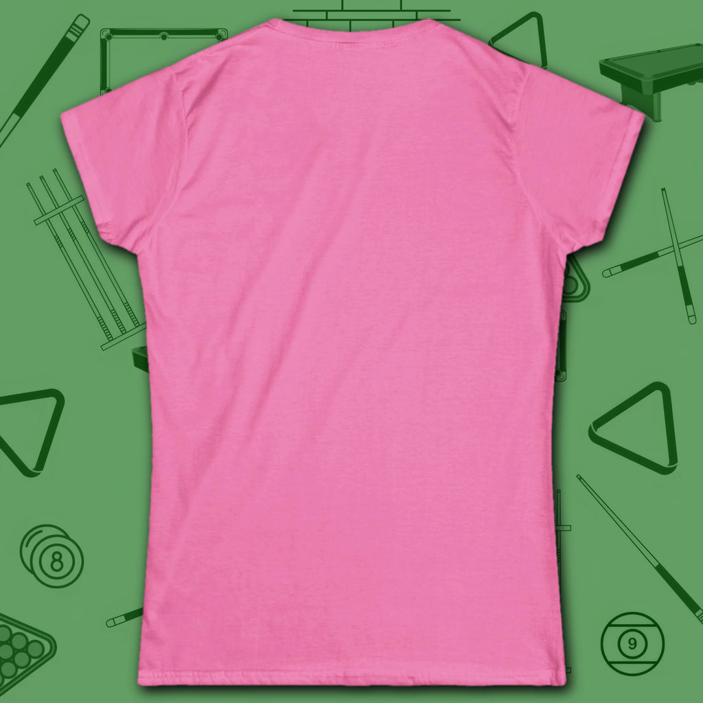 Game On Eight Ball Women's Cut Tee, in Azalea color, billiards shirt, back view