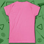 Game On Eight Ball Women's Cut Tee, in Azalea color, billiards shirt, back view