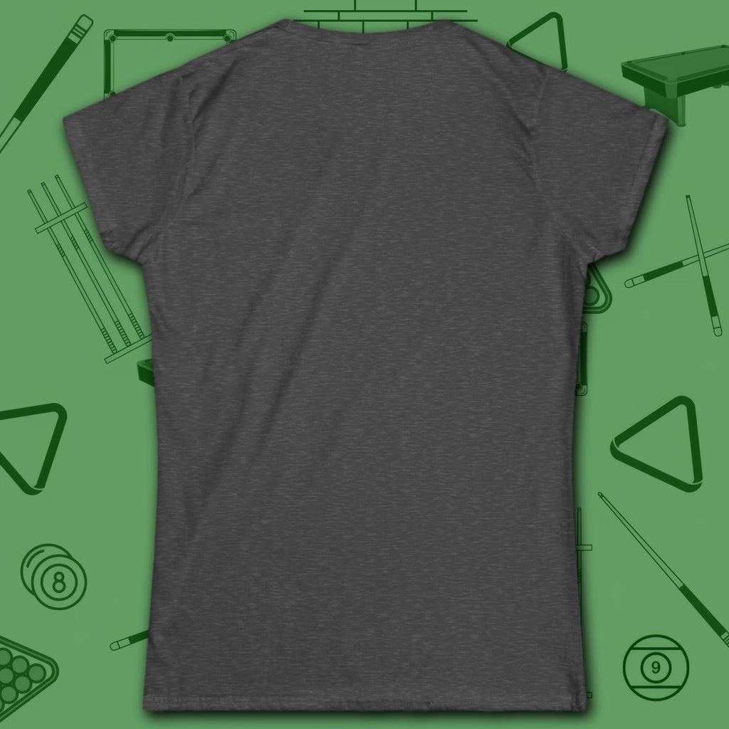 Game On Eight Ball Women's Cut Tee, in Dark Heather color, billiards shirt, back view