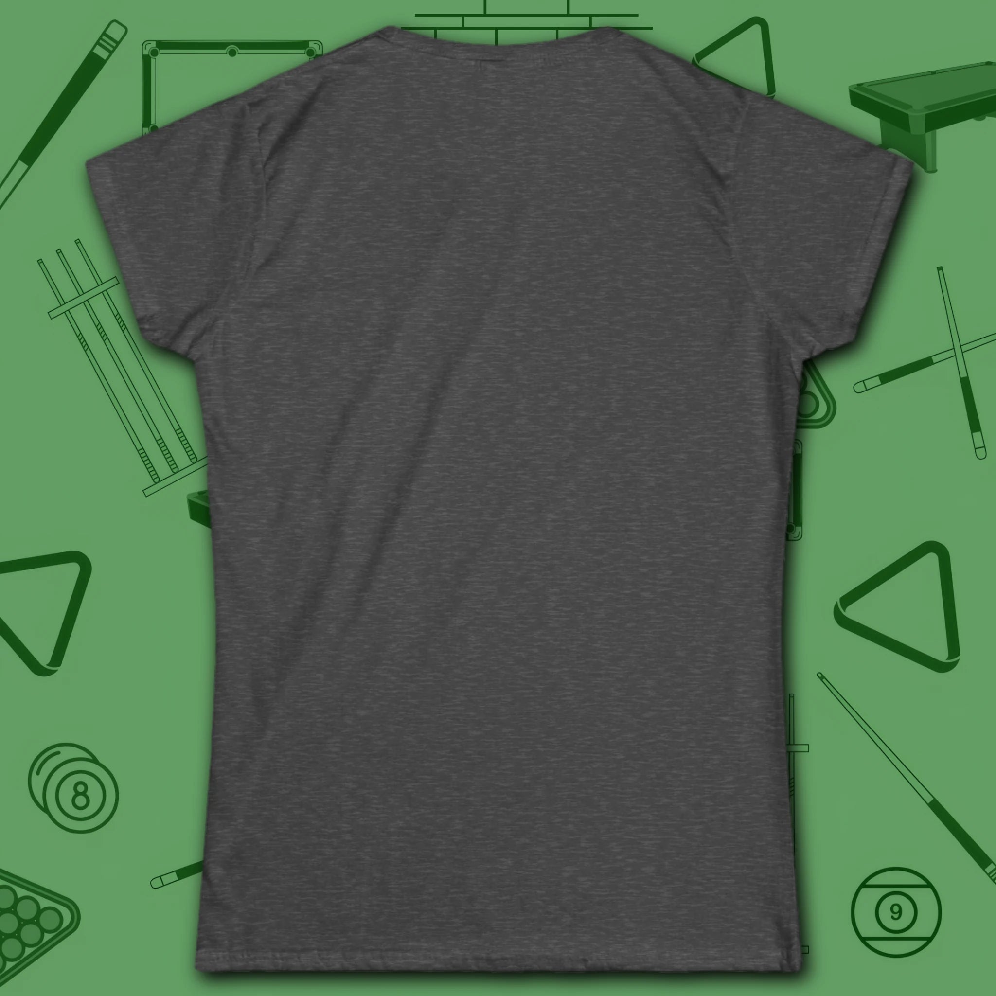 Game On Eight Ball Women's Cut Tee, in Dark Heather color, billiards shirt, back view