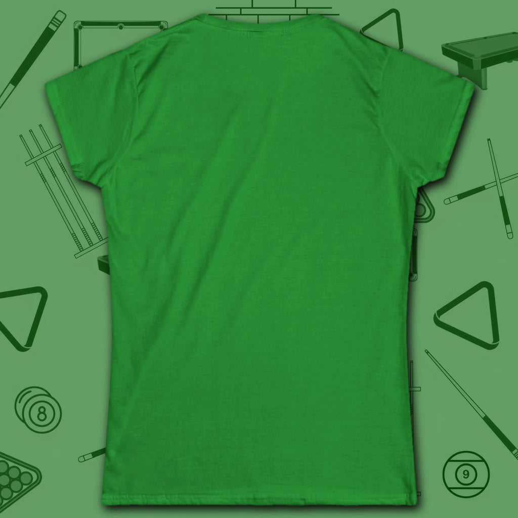 Game On Eight Ball Women's Cut Tee, in Irish Green color, billiards shirt, back view