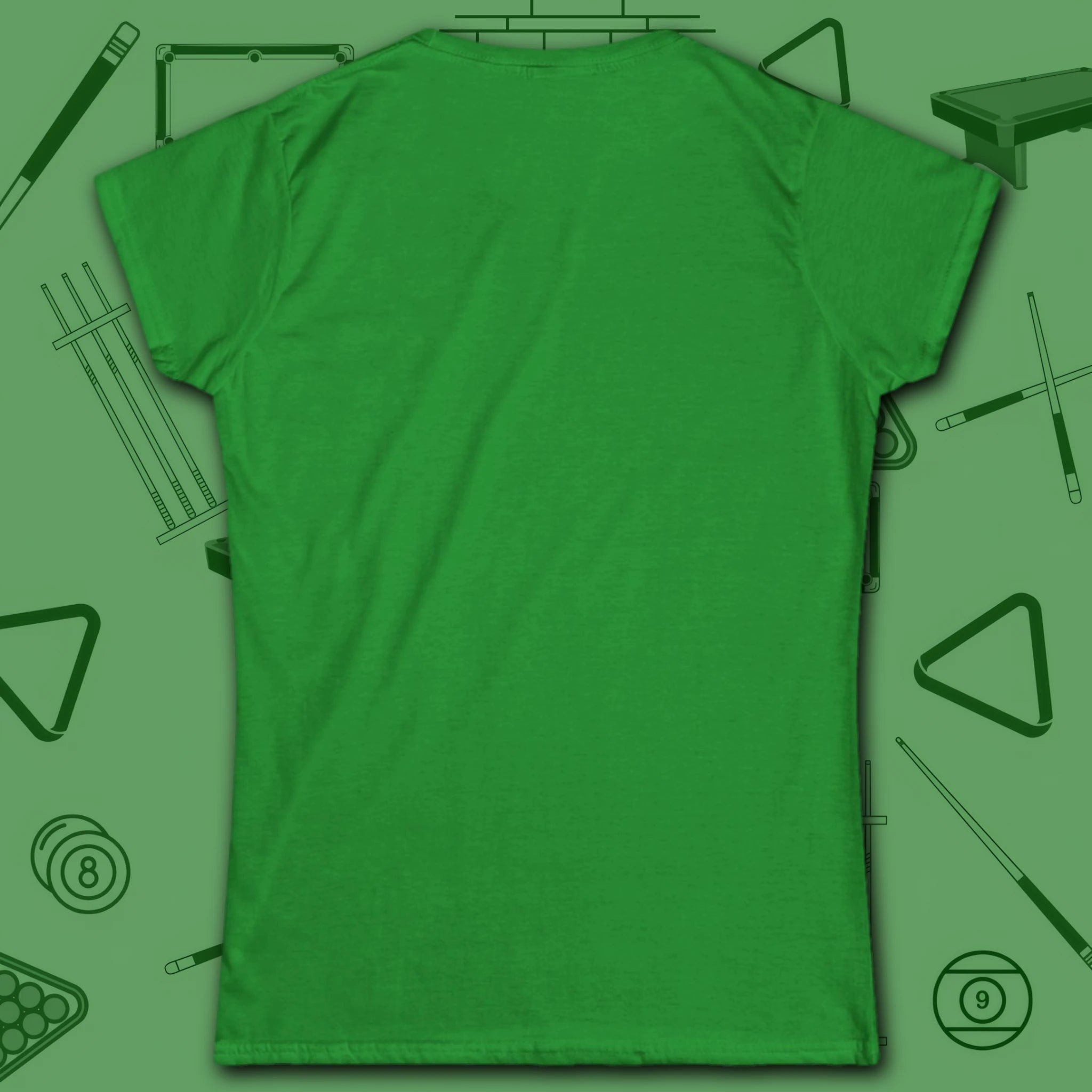 Game On Eight Ball Women's Cut Tee, in Irish Green color, billiards shirt, back view