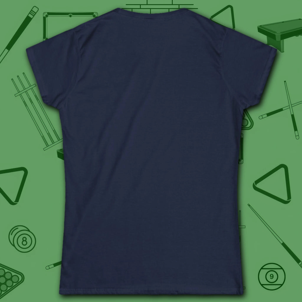 Game On Eight Ball Women's Cut Tee, in Navy color, billiards shirt, back view