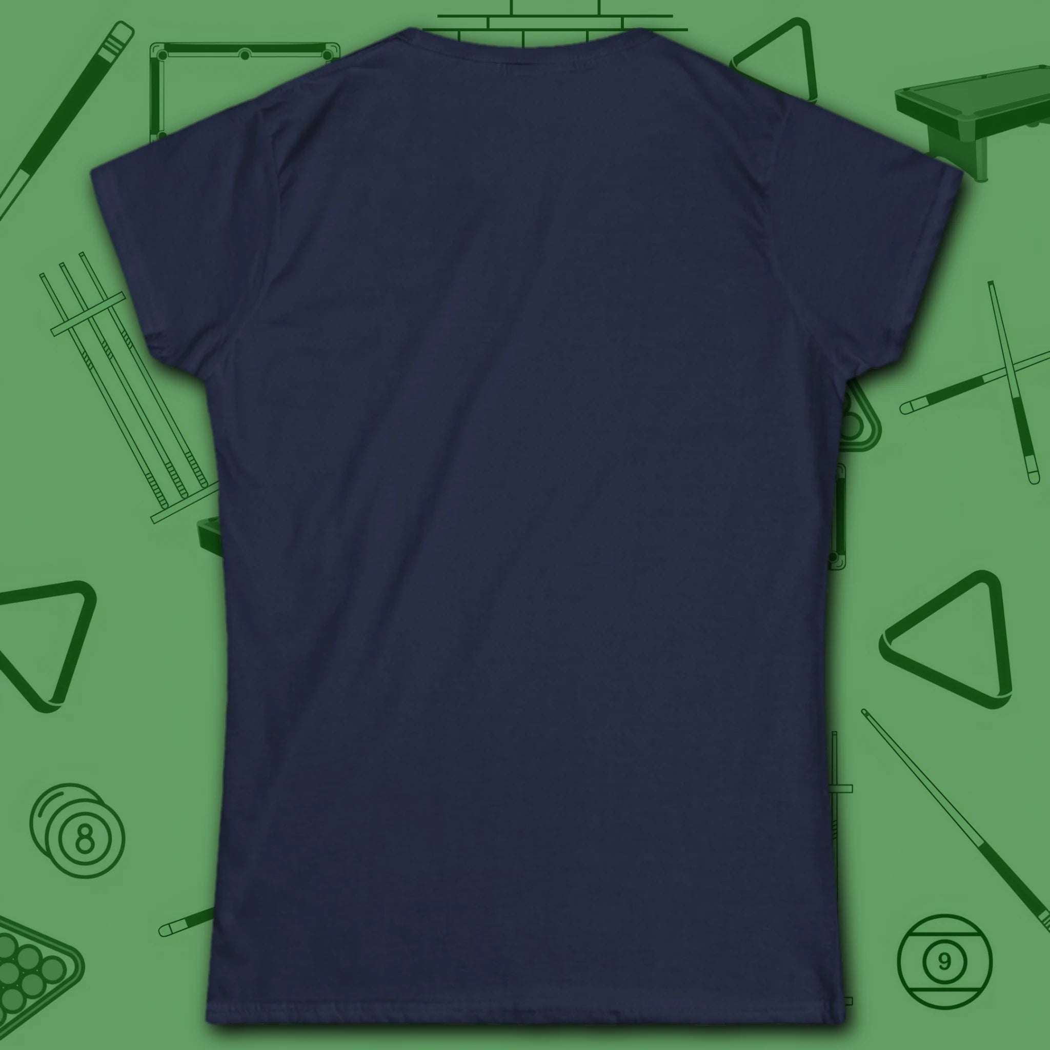 Game On Eight Ball Women's Cut Tee, in Navy color, billiards shirt, back view