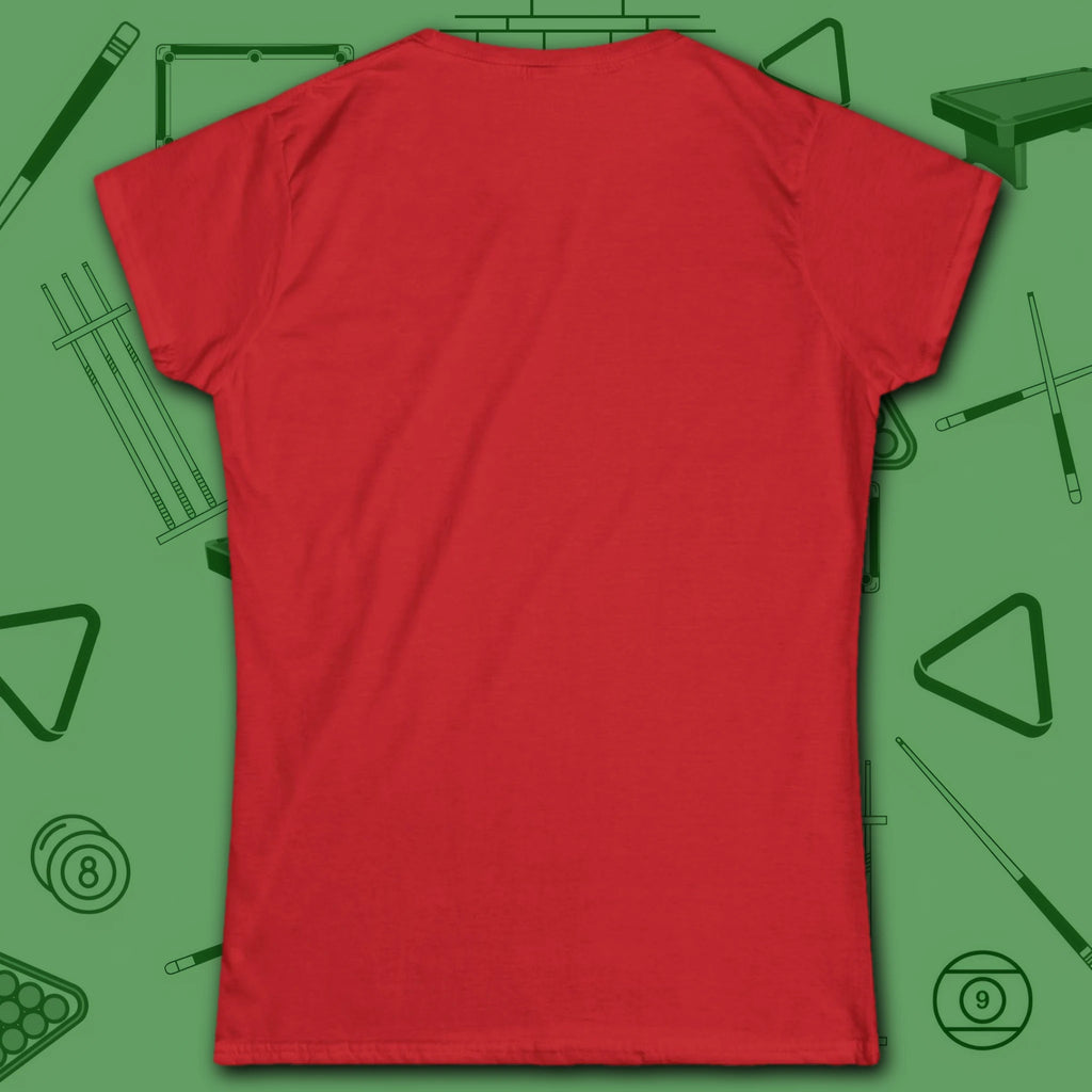 Game On Eight Ball Women's Cut Tee, in Red color, billiards shirt, back view