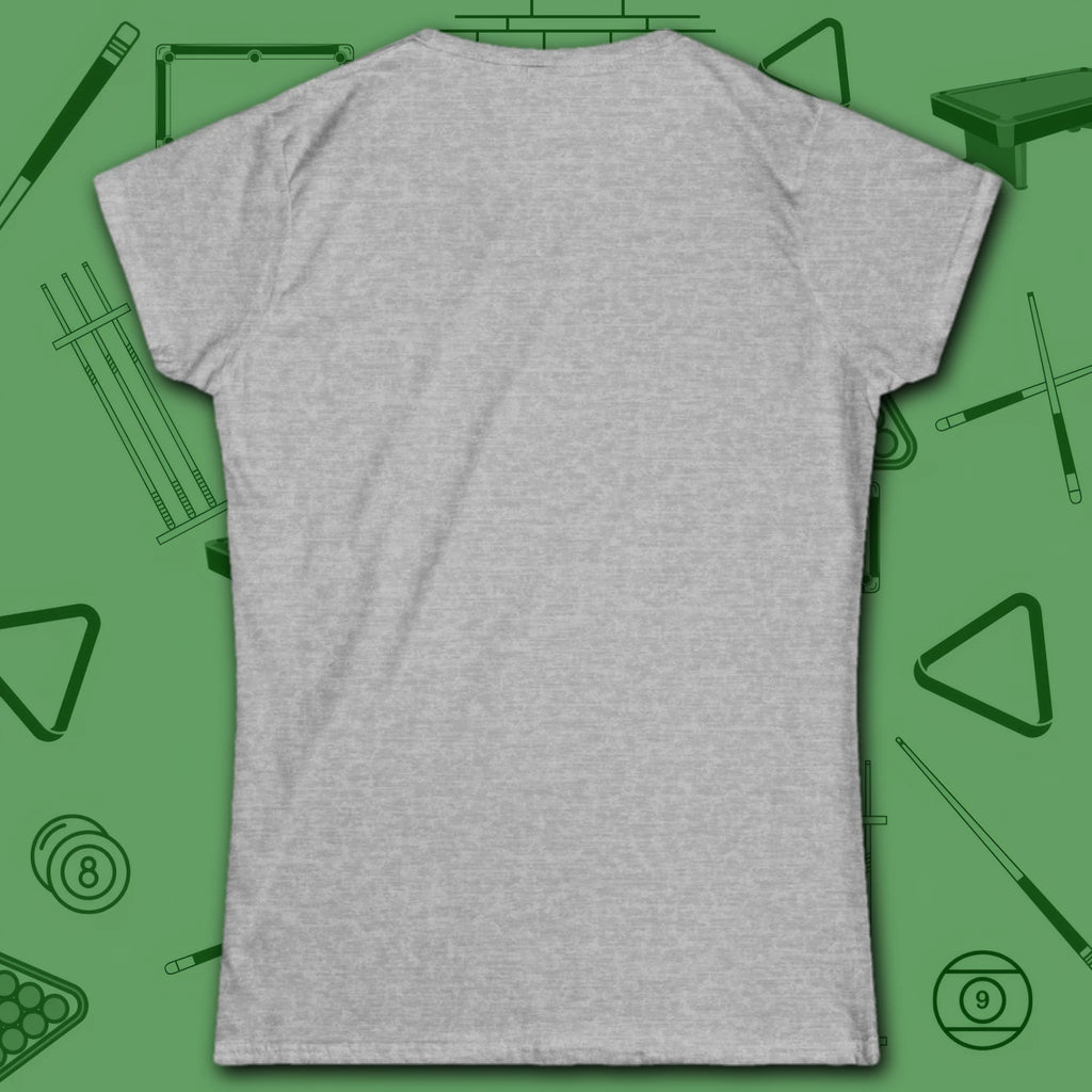 Game On Eight Ball Women's Cut Tee, in Sport Grey color, billiards shirt, back view