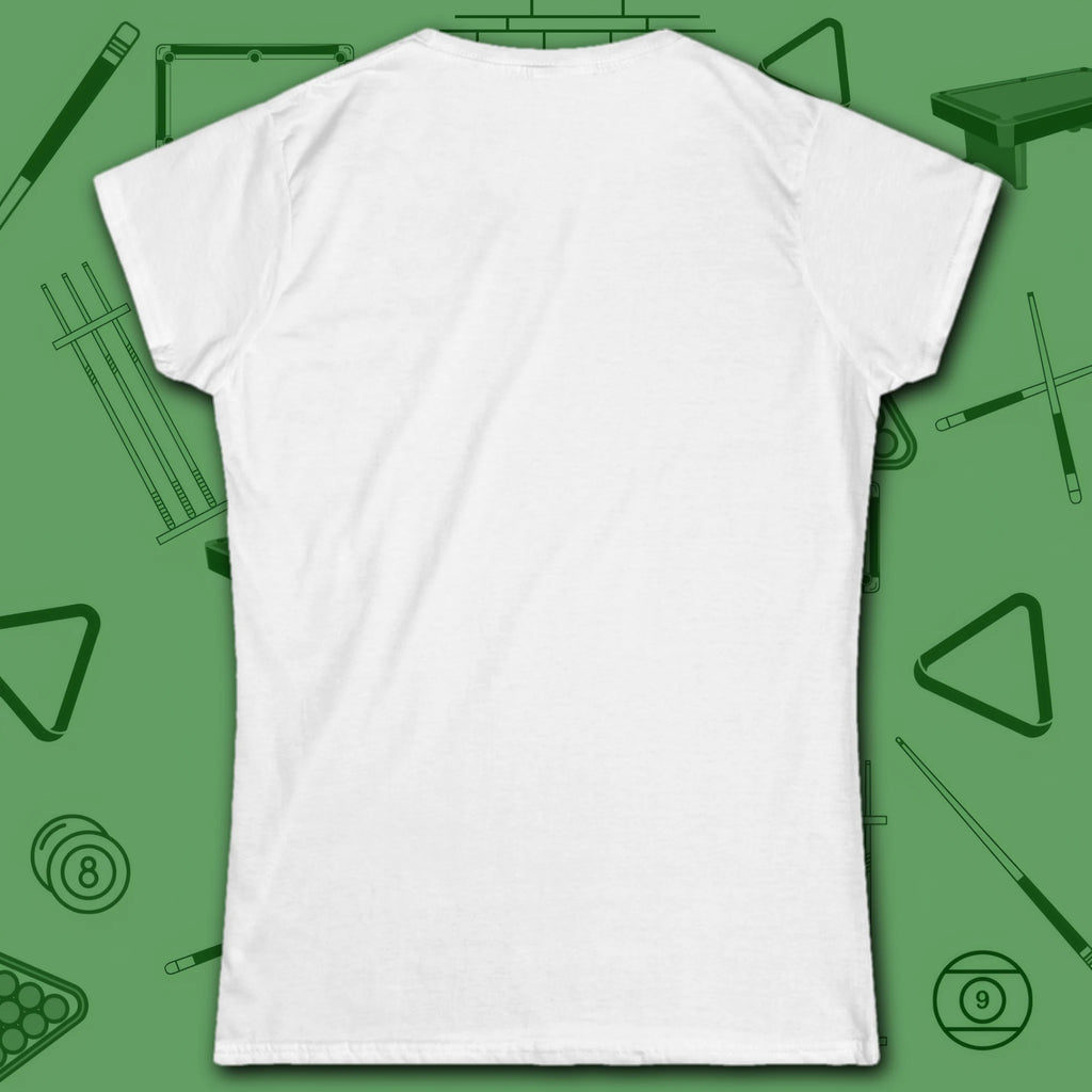 Game On Eight Ball Women's Cut Tee, in White color, billiards shirt, back view