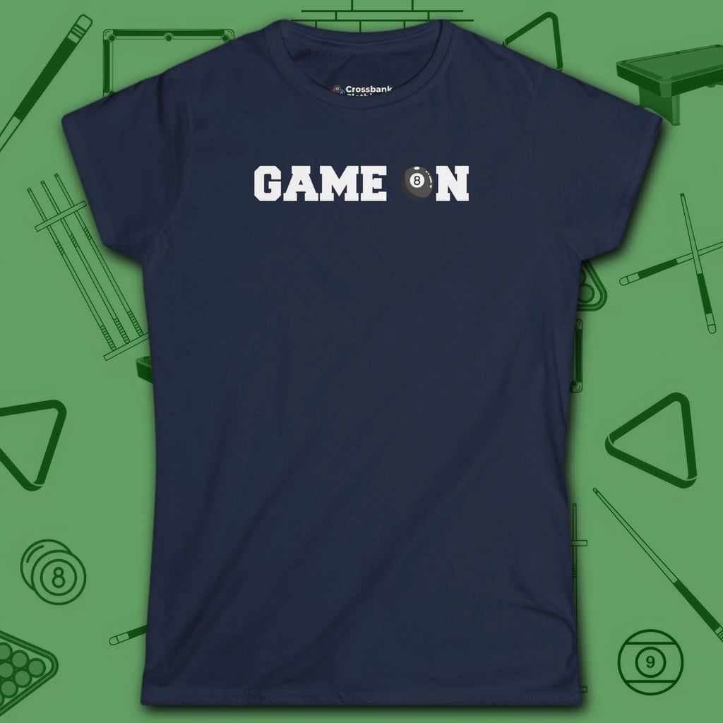 Game On Eight Ball Women's Cut Tee, in Azalea color, billiards shirt, front view