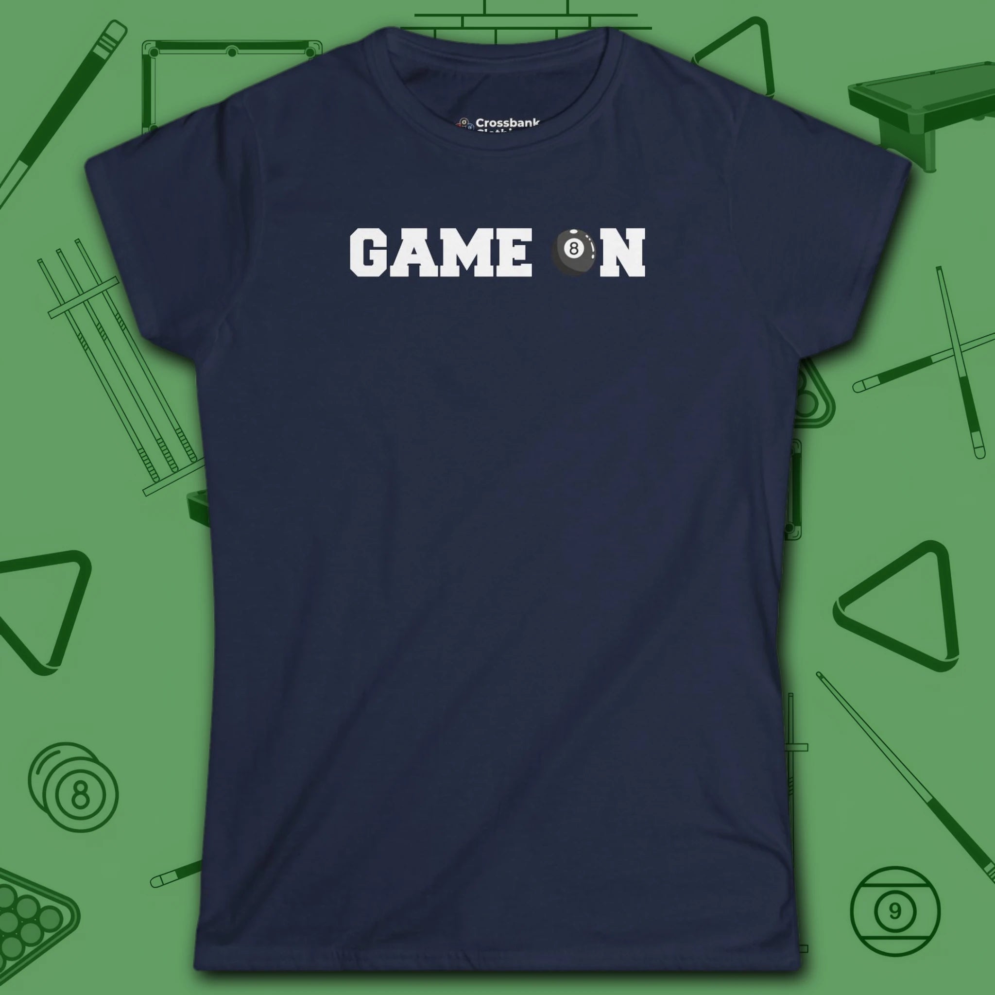 Game On Eight Ball Women's Cut Tee, in Azalea color, billiards shirt, front view