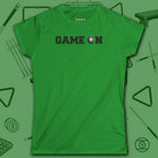 Game On Eight Ball Women's Cut Tee, in Dark Heather color, billiards shirt, front view