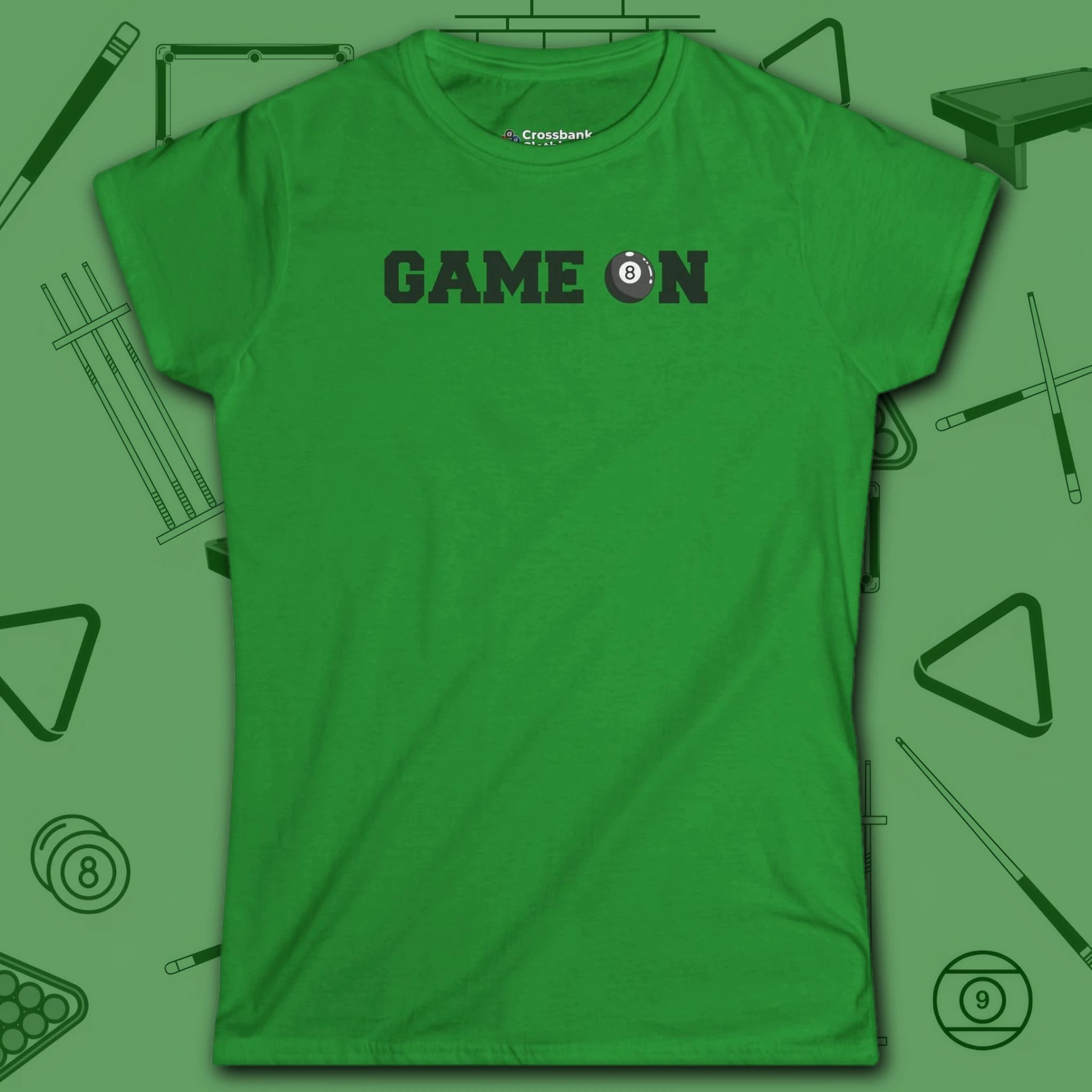 Game On Eight Ball Women's Cut Tee, in Dark Heather color, billiards shirt, front view