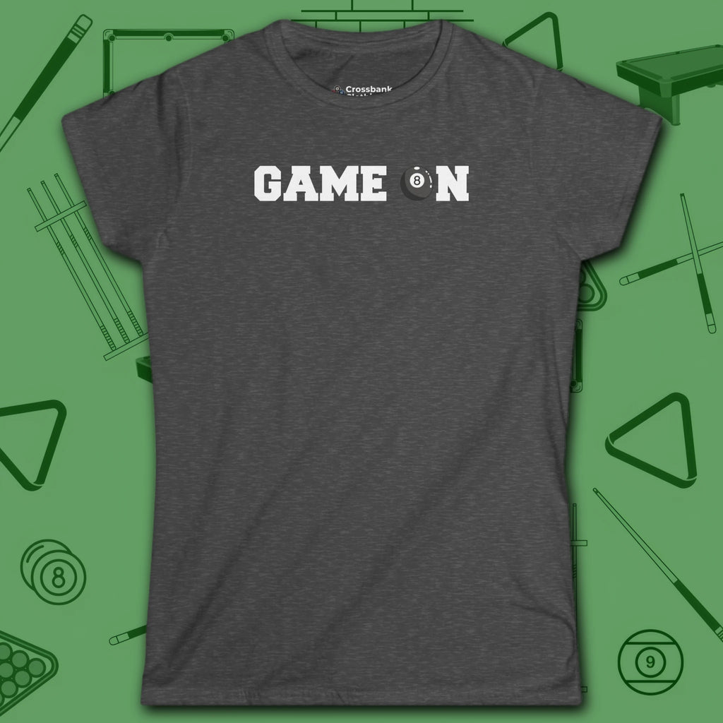 Game On Eight Ball Women's Cut Tee, in Irish Green color, billiards shirt, front view