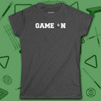 Game On Eight Ball Women's Cut Tee, in Irish Green color, billiards shirt, front view
